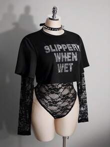SHEIN ICON Body 2 en 1 de mujer talla grande estilo Y2K sexy con encaje, estampado de eslogan y diseño punk streetwear - Negro - Ver 5