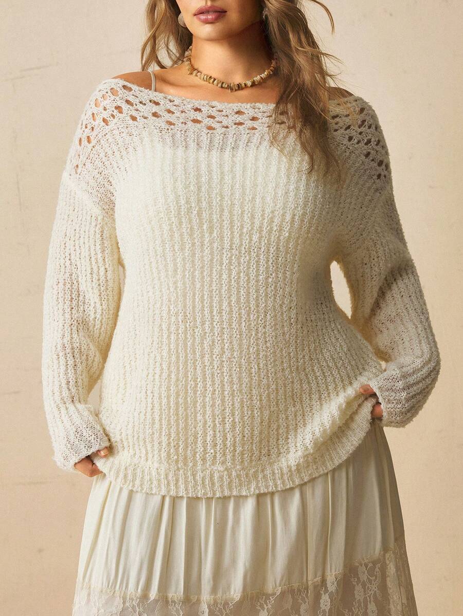 Freevana Boho Soft Form Allover White Ribbed Knit Sweater With Crochet Yoke Off-Shoulder Neck Cozy Autumn Party Office Date Night Top Pullovers For Women Fall - White - View 1
