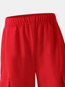 SHEIN Casuvi Kids 女童字母印花拼色T恤與翻蓋口袋工裝褲2件式夏季套裝 - 紅色 - 查看 5
