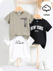 SHEIN Kids 3pcs Young Boys Casual Letter Print Round Neck Pullover Knit T-Shirt Set, 3 Styles, Suitable For School And Outings In Spring And Summer - Multicolor - View 3
