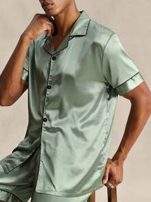 EverLounge 男士纯色缎面短袖和短裤睡衣套装，夏季 - 橄欖綠 - 查看 6