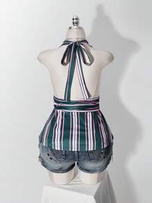SHEIN ICON 女款大尺碼粉綠條紋掛脖上衣 - 彩色 - 查看 2