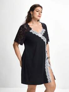 Slumbrini Plus Size Sexy Lace Patchwork Black Nightgown - Black - View 5