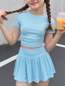 Tween Girls 2pcs/Set Solid Color Round Neck Fashion Short Sleeve T-Shirt And Mini Skirt Casual Set Back To School, Summer, Minimalist, Comfortable - Blue - View 4