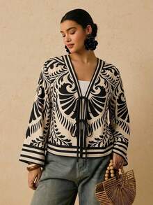 Travachic Plus Size Women's Long-Sleeve Shirt With A Black-And-White Tropical Print And Front Tie Design Fall Clothes Holiday Outfits - Multicolor - View 1