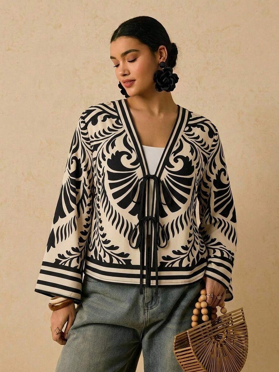 Travachic Plus Size Women's Long-Sleeve Shirt With A Black-And-White Tropical Print And Front Tie Design Fall Clothes Holiday Outfits - Multicolor - View 1