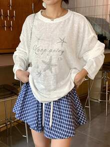 DAZY Women's Round Neck Loose Long Sleeve Printed Semi-Sheer Vacation Style Pullover T-Shirt Summer School Graphic Tees Cute Tops - White - View 5