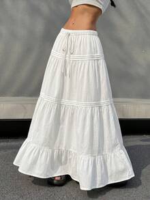 SHEIN EZwear 女款純色荷葉邊下擺休閒長裙，百搭夏季單品，長版寬鬆超低腰藍色人造絲面料，適合春秋日常穿著 - 白色 - 查看 6