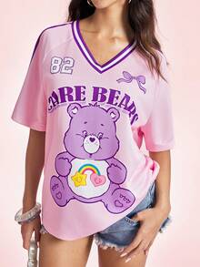 SHEIN X Care Bears Women's Letter Print V-Neck Raglan Short Sleeve T-Shirt, - Mauve Purple - View 1