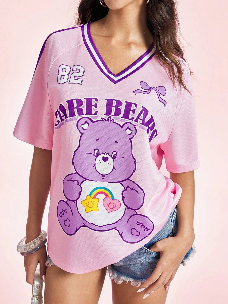 SHEIN X Care Bears Women's Letter Print V-Neck Raglan Short Sleeve T-Shirt, - Mauve Purple - View 1