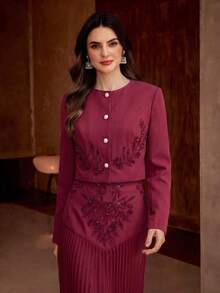 ZEYLAH Women's Sequin Embellished Long Sleeve Single-Breasted Fashionable Regular Jacket - Red Violet - View 5