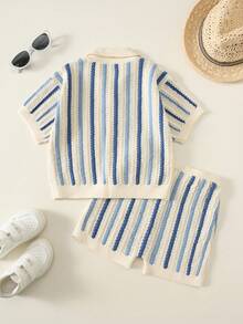 SHEIN 2pcs/Set Kids Young Boy Summer Cute Casual Blue & White Striped Short Sleeve Top & Striped Shorts Knit Sweater Set, Vacation Outfit, Summer Set, Shirt Set, Knit Set, Boys Outfit - Multicolor - View 3