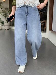 Dazy Plus Celana Jeans Panjang Kasual Longgar Motif Leopard dengan Saku Belakang, Ukuran Plus untuk Wanita, Atasan Lucu untuk Semua Musim - Medium Wash - View 5