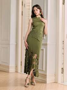 Anewsta Vintage Hollow Crochet Lace Patchwork Sleeveless Set For Women, Waist-Cinching Top And Slim Fit Elegant A-Line Midi Skirt, 2-Piece Outfit - Olive Green - View 4