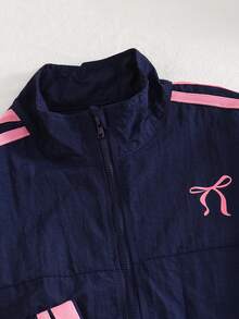 SHEIN 青少年女孩秋季返校休閒可愛日常蝴蝶結拼色拉鍊長袖外套，假日穿搭 - 藏蓝色 - 查看 4