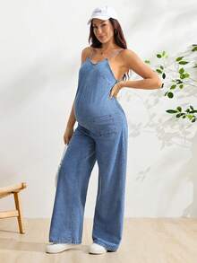 SHEIN 孕婦休閒日常牛仔連身褲 - 中等水洗藍 - 查看 6