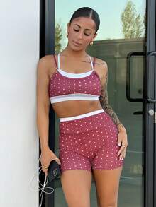 SAYEHFBABY Bộ 2 món thể thao nữ mùa hè gồm áo crop top sát nách họa tiết chấm bi và quần short cạp cao - Nhiều màu - Xem 1