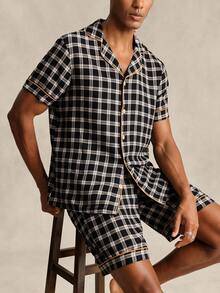 EverLounge Conjunto de pijama masculino com camisa de botão de manga curta e shorts em estampa xadrez - Preto - Visão 1