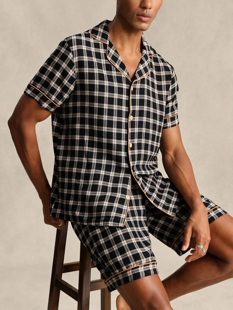 EverLounge Conjunto de pijama masculino com camisa de botão de manga curta e shorts em estampa xadrez - Preto - Visão 1