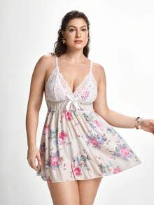 Slumbrini Plus Floral Print Contrast Lace Bow Front Cami Pajama Nightdress - Beige - View 3