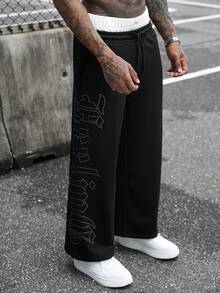 SLATEMANN 男士字母印花抽繩腰寬腿寬鬆休閒運動長褲 - 黑色 - 查看 6