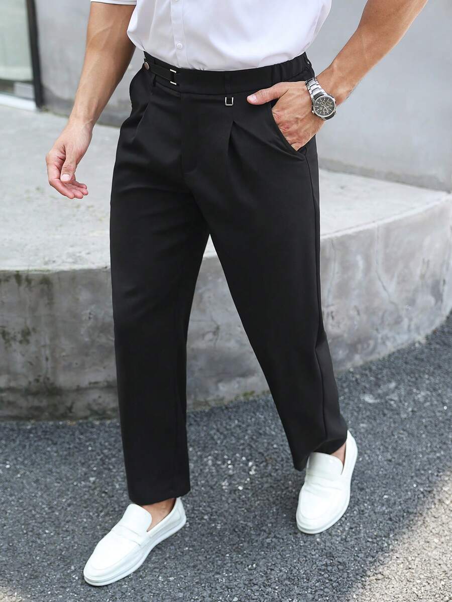 Manfinity Mode Men's Solid Color Pleated Pocket Casual Business Dress Pants - Black - View 1