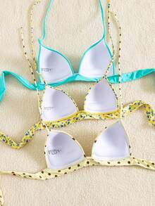Swim Mod 女款 3 件組掛脖綁帶比基尼上衣套裝，黑色、波點、白色，高質感，多色可選，適合不同度假造型，夏季海灘度假泳裝 - 彩色 - 查看 2