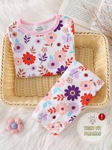 Baby Girl Comfortable Soft High Elasticity Rayon Fabric Multi-Color Floral All-Over Print Long Sleeve Crew Neck Leggings Pajama Set - Multicolor - View 2