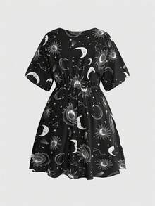 ROMWE Gothic Sun Moon Star Print Loose Plus Size Dress - Black - View 2
