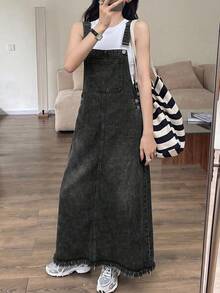 Teen Girls Blue Denim Loose Overall Dress - Black - View 6
