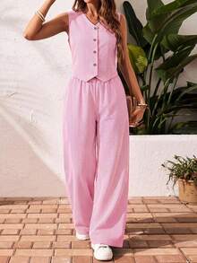 SHEIN Frenchy 女款條紋V領單排扣上衣與長褲休閒日常兩件套 - 粉色 - 查看 1