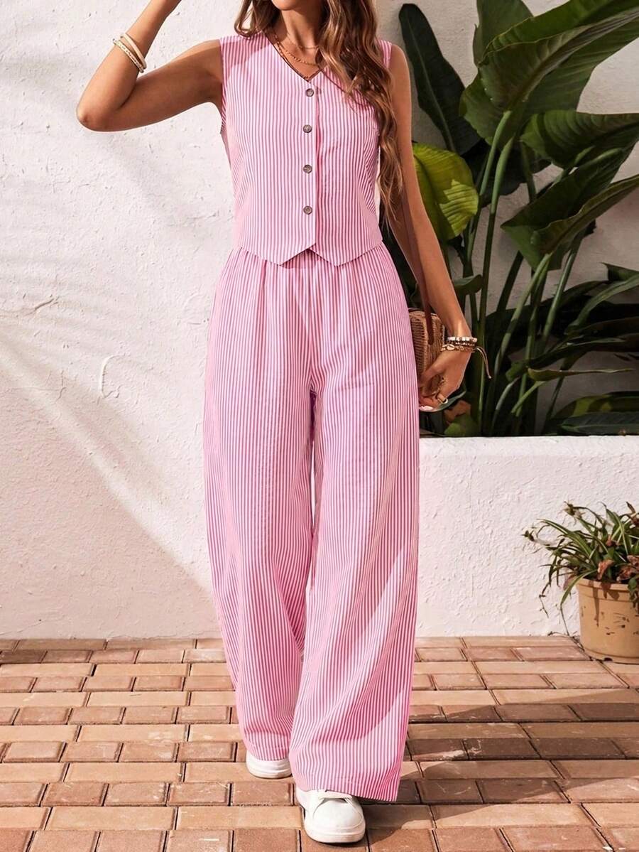 SHEIN Frenchy 女款條紋V領單排扣上衣與長褲休閒日常兩件套 - 粉色 - 查看 1