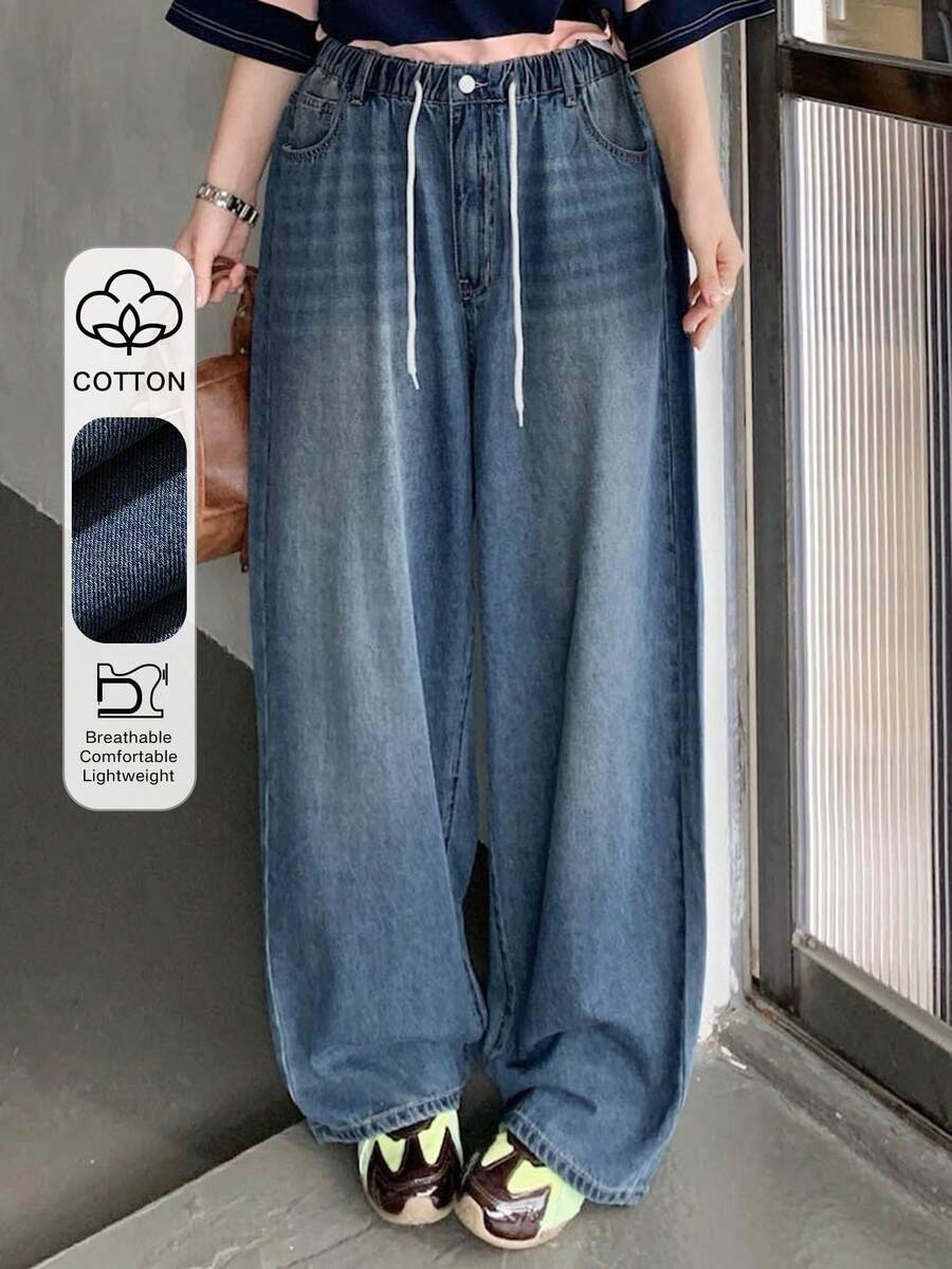 Dazy Plus Women's Plus Size Elastic Waist Loose Straight Leg Jeans, Washed Distressed Long Pants, Summer All Season Denim Tops Formal Navy Blue Casual - Medium Wash - View 1
