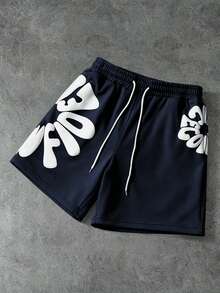 PAVTROS Pantalones cortos casuales y versátiles con estampado de letras y cordón en la cintura para hombres - Azul Marino - Ver 3