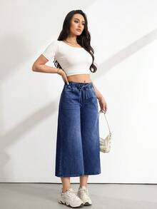 SHEIN Tall Tall Women's Waist Tie Pocket Wide Leg Loose Cropped Navy Blue Jeans Travel Summer Casual - Dark Wash - View 6