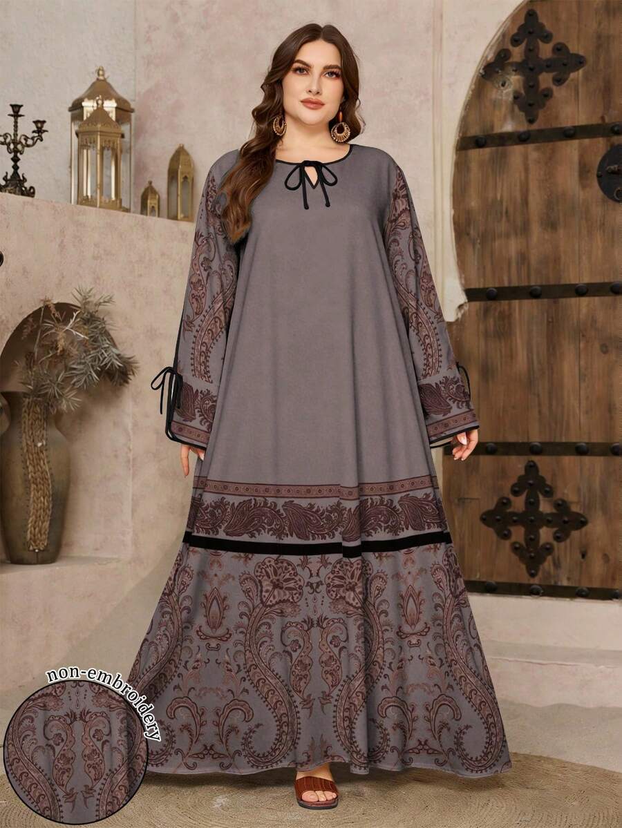 SHEIN Najma 大码女式V领系腰印花优雅阿拉伯风格长袖连衣裙,春季 - 彩色 - 查看 1