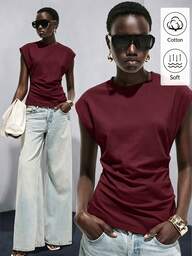 Lumivelle Women's Spring/Summer New Pure Cotton T-Shirt, Round Neck, Ruched Waist, Casual Commute Design, Burgundy Brunch Daily