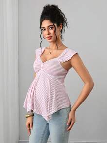 Momance Maternity Top With Ruffle Short Sleeves, Lace Collar, Sweetheart Neckline, Bow Detail, A-Line Hem, Single Layer White Design Baby Shower Casual - Pink - View 4