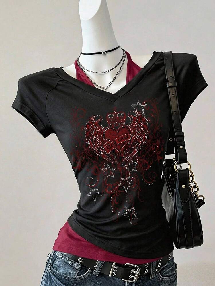 Attitoon Women's Casual Retro V-Neck Halter Tie Contrast Color Short Sleeve T-Shirt, Suitable For Summer - Black - View 3