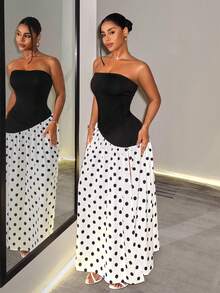 BamGleam Elegant Sexy Bandeau A-Line High Slit Polka Dot Patchwork Women's Dress Day Party Bar Party Black And White Polka Dot Summer - Black and White - View 4