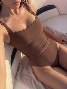 Swim Chiccia 女款純色圓弧下擺細肩帶分體式泳衣套裝，巧克力棕色，適合海灘度假假期，夏季熱帶風情，性感端莊優雅 - 棕色 - 查看 1