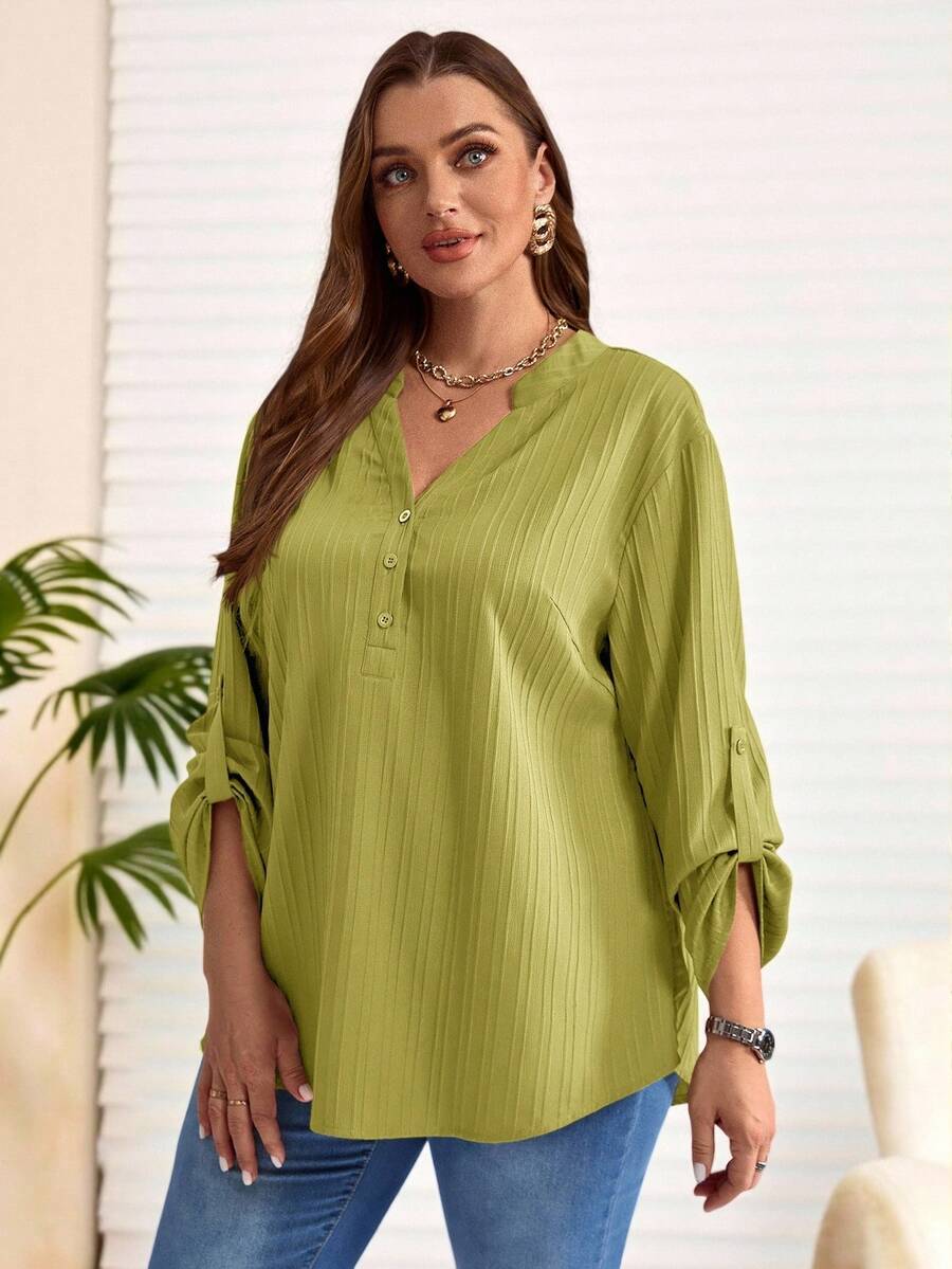 EMERY ROSE Plus Size Solid Color Notched Neck Roll Up Sleeve Casual Blouse ,Winter Clothes Fall - Green - View 1