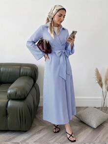 Solavon Women's Blue And White Stripe Long Sleeve Side Waist Knot Casual Modest Dress Office Autumn - Blue and White - View 7