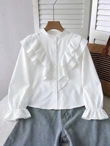 SHEIN 青少年女孩休閒優雅純白色層次荷葉邊襯衫，純白色上衣，優雅白色襯衫，學院風，返校季，長袖白色襯衫 - 白色 - 查看 11