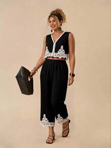 Travachic Plus Size Women's Vacation Casual 2 Pieces Set, Black Outfit, Daily Fashion Wear,Vacation Outfits Women,Going Out Outfits - Black - View 1