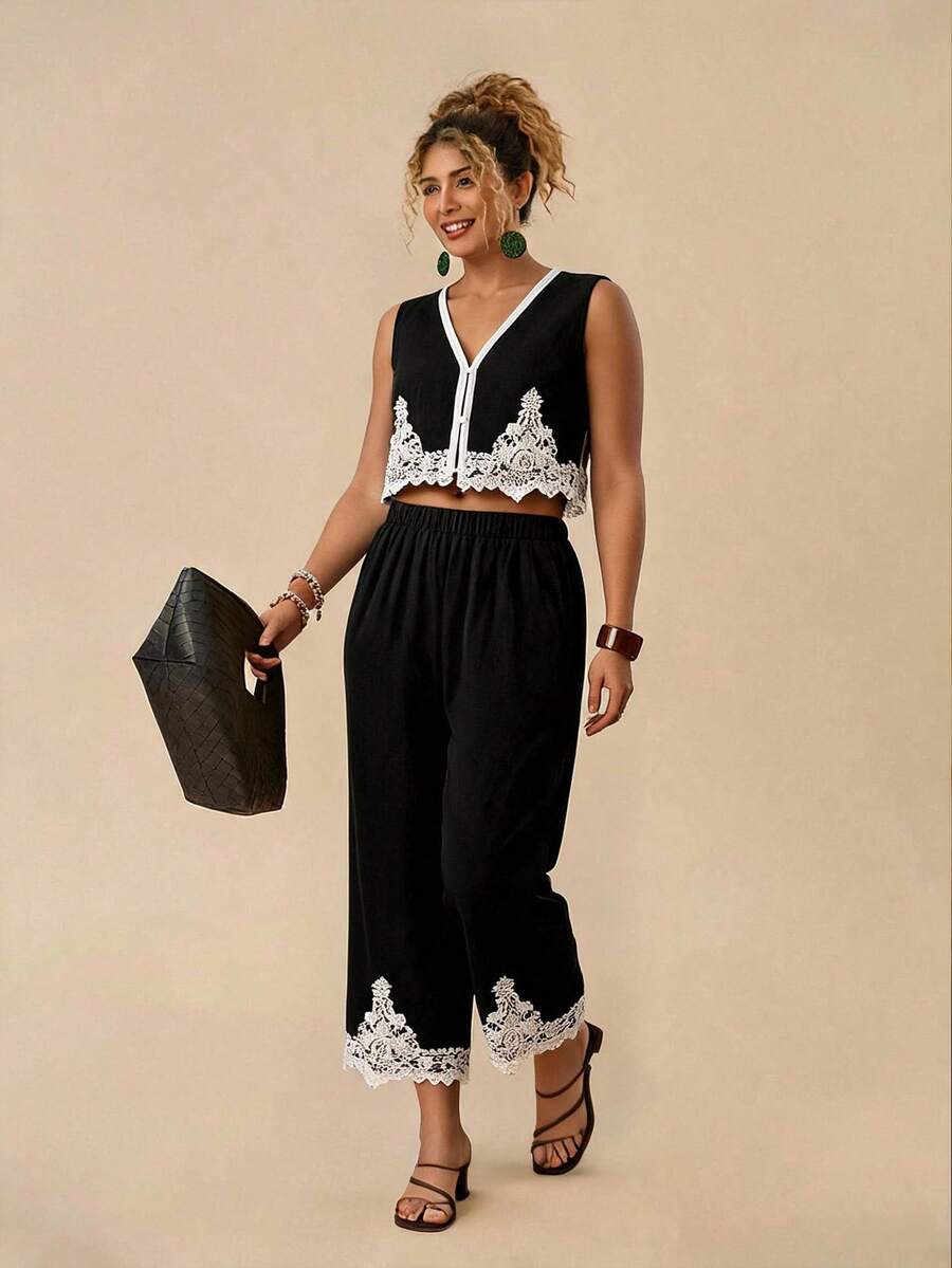 Travachic Plus Size Women's Vacation Casual 2 Pieces Set, Black Outfit, Daily Fashion Wear,Vacation Outfits Women,Going Out Outfits - Black - View 1