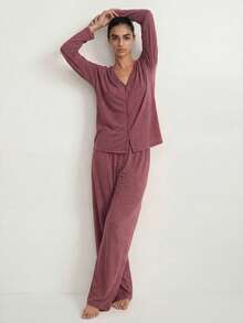 Ocili Studio Minimalist Comfortable Collarless Soft Women Lounge Set Sleep Wear Women Loose V Neck Lounge Wear, Winter Clothes - Redwood - View 5