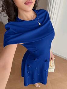Modelyn 女款純色圓領3D花卉裝飾優雅洋裝 - 寶藍色 - 查看 6