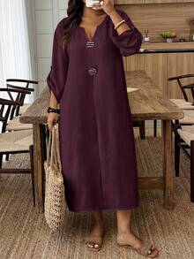 Weeklong Plus Size Casual Vacation Button Decor Dress - Maroon - View 1