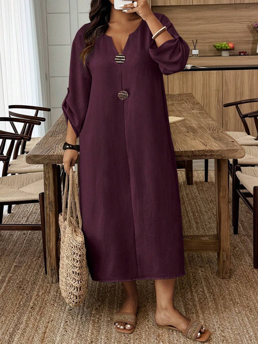 Weeklong Plus Size Casual Vacation Button Decor Dress - Maroon - View 1